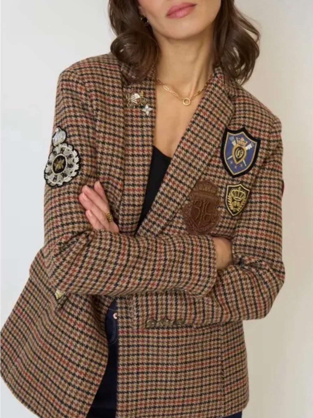 Anthropologie Brown Houndstooth Patch Crest Blazer